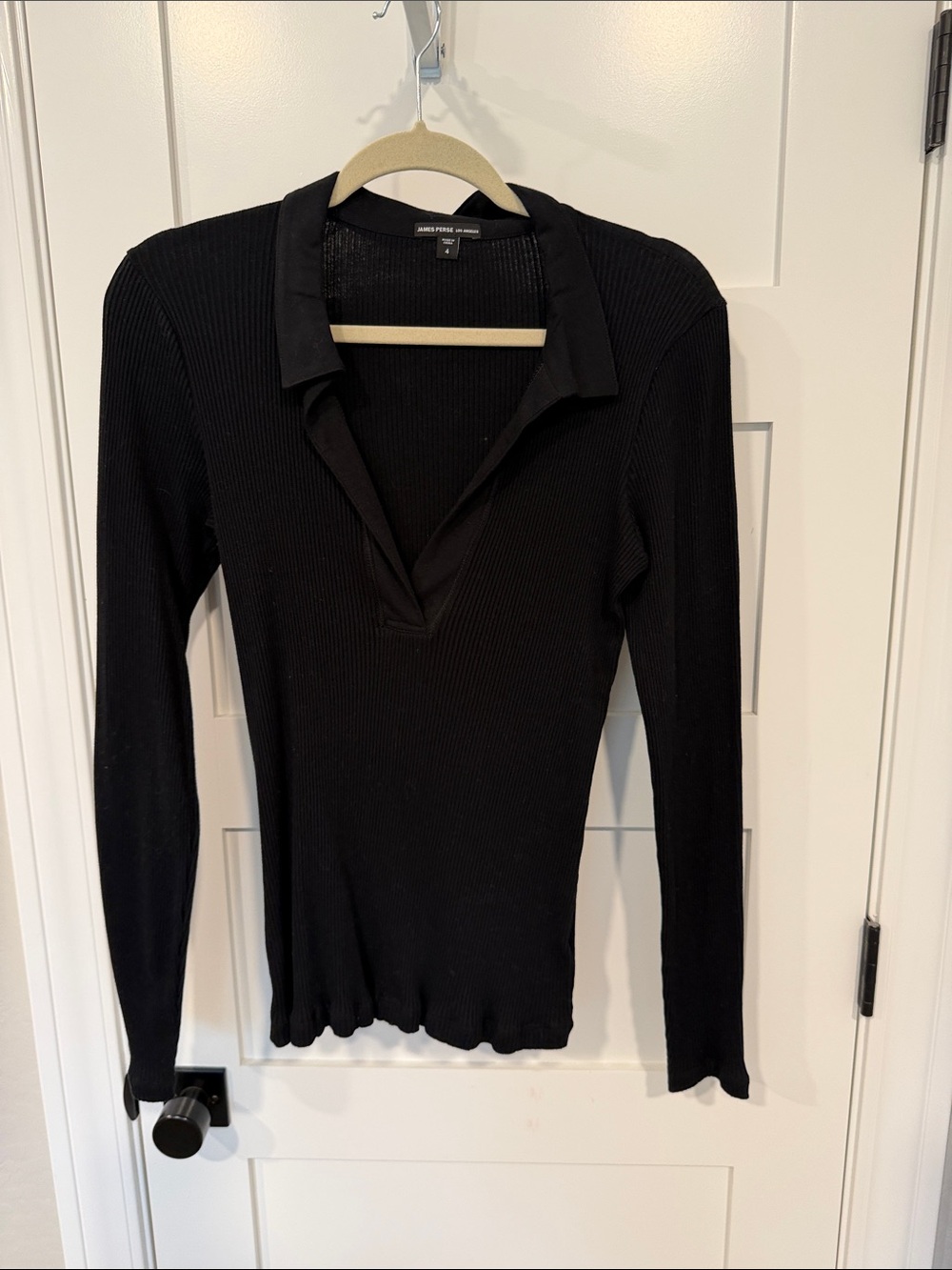 James Perse Black Ribbed Long-Sleeve V-Polo Top size 4